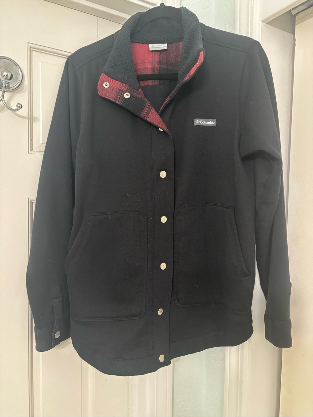 Columbia Black Utility Jacket with Red Plaid Trim